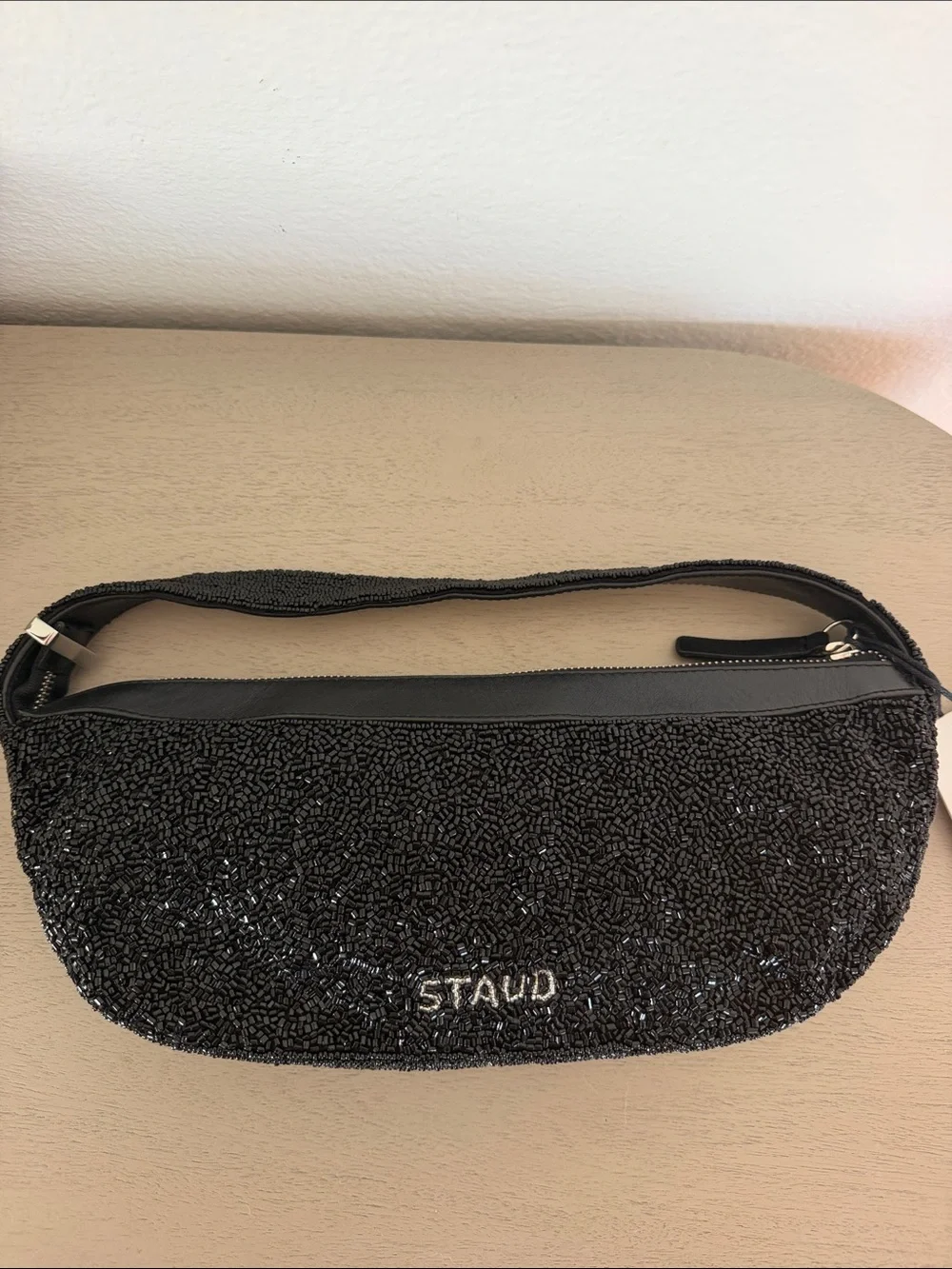 STAUD Black Beaded Shoulder Bag with Top Zip